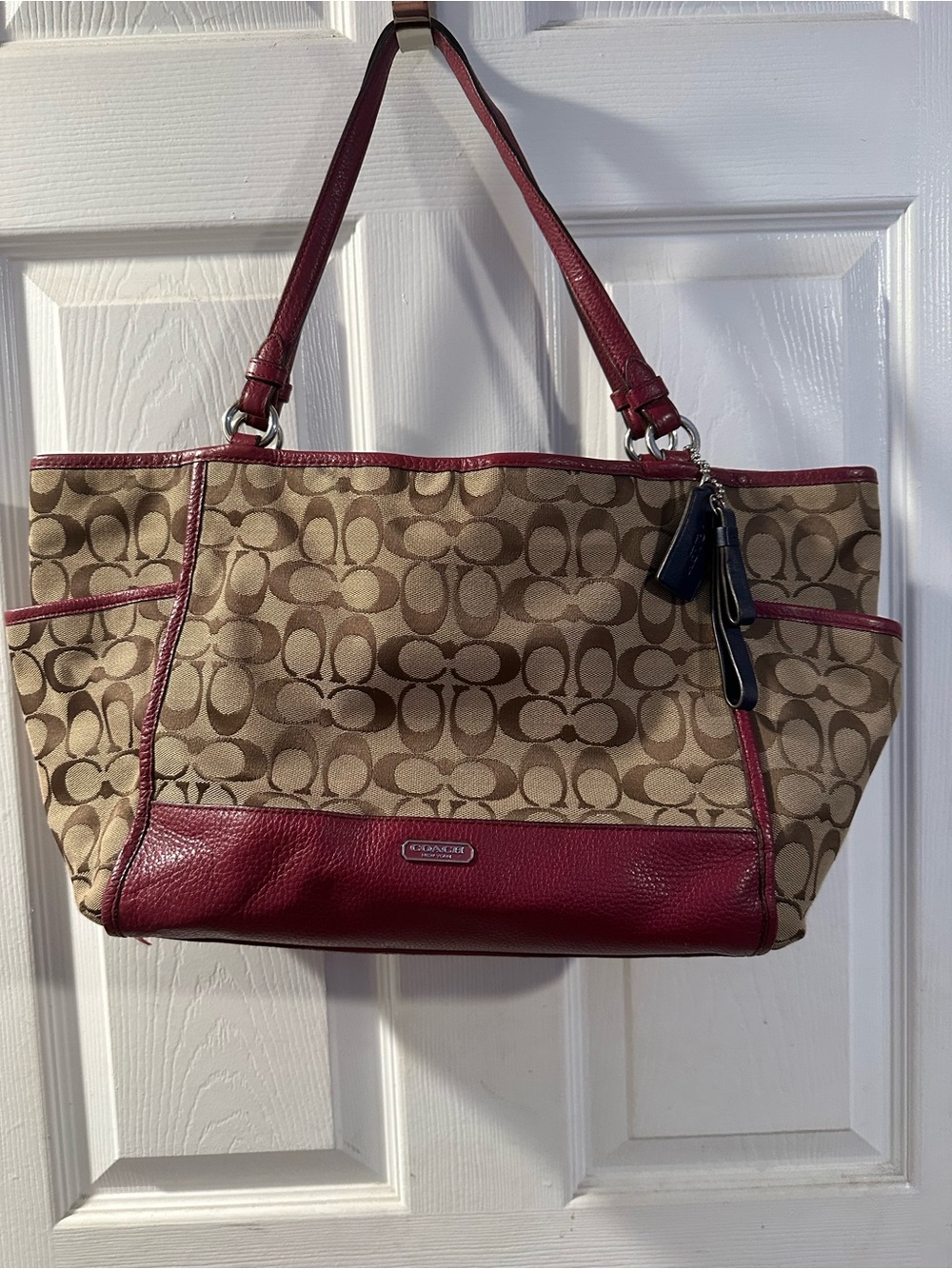 Coach Tan Signature Carrie Tote with Burgundy Leather Trim and Wallet - Picture 2 of 16